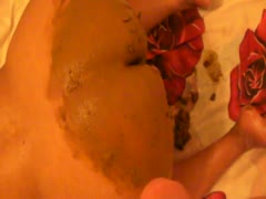 Whore got her ass covered in shit and poop on the bed
